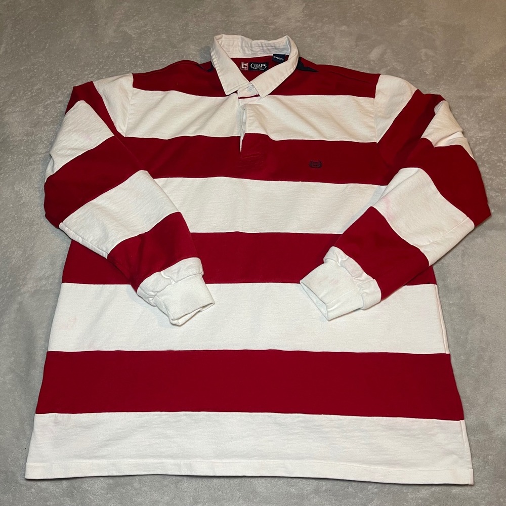 Vintage Chaps Shirt Mens XL Red White Striped Long Sleeve Rugby Polo Cotton